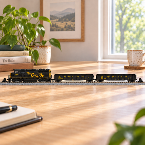 AI-assisted illustration of a Rio Grande GP40 and two empty Western Pacific gondolas on N scale track across a sunlit desk.