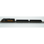 Complete Black & Gold desk train: Rio Grande GP40 and two empty Western Pacific gondolas on N scale track.