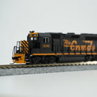 Close view of the Rio Grande GP40 locomotive in black and orange on display track.