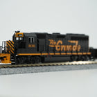 Three-quarter view of the Rio Grande GP40 locomotive in black and orange on display track.