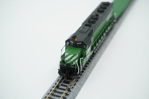 Three-quarter front view of the Cascade Green Burlington Northern SD45 locomotive on display track.