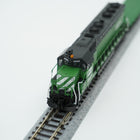 Close view of the Burlington Northern SD45 locomotive nose, number boards, stripes and handrails.